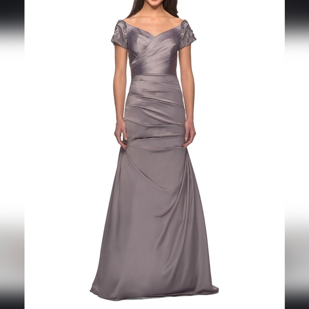 La Femme Silver Gray Off-Shoulder Evening Gown